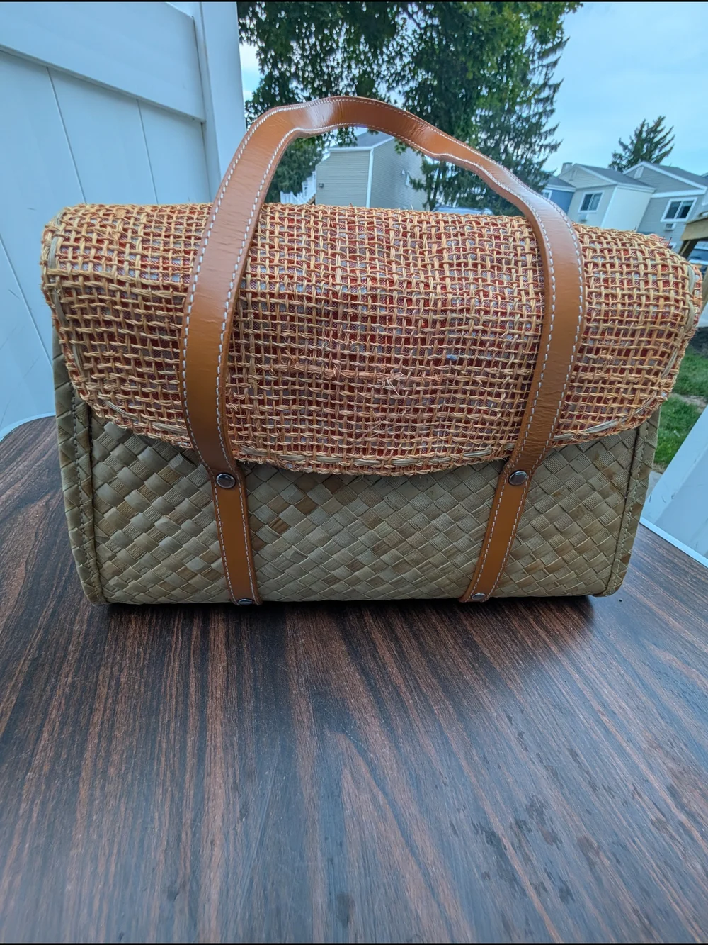 Woven Straw Crossbody Bag with Tan Trim